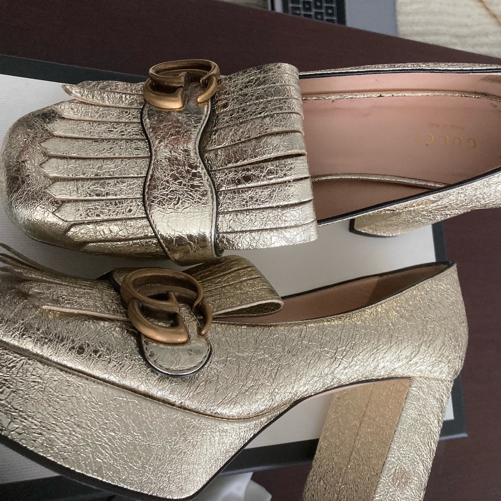 Gucci Gold Marmont Platino Double G Fringe Leather Platform Pumps